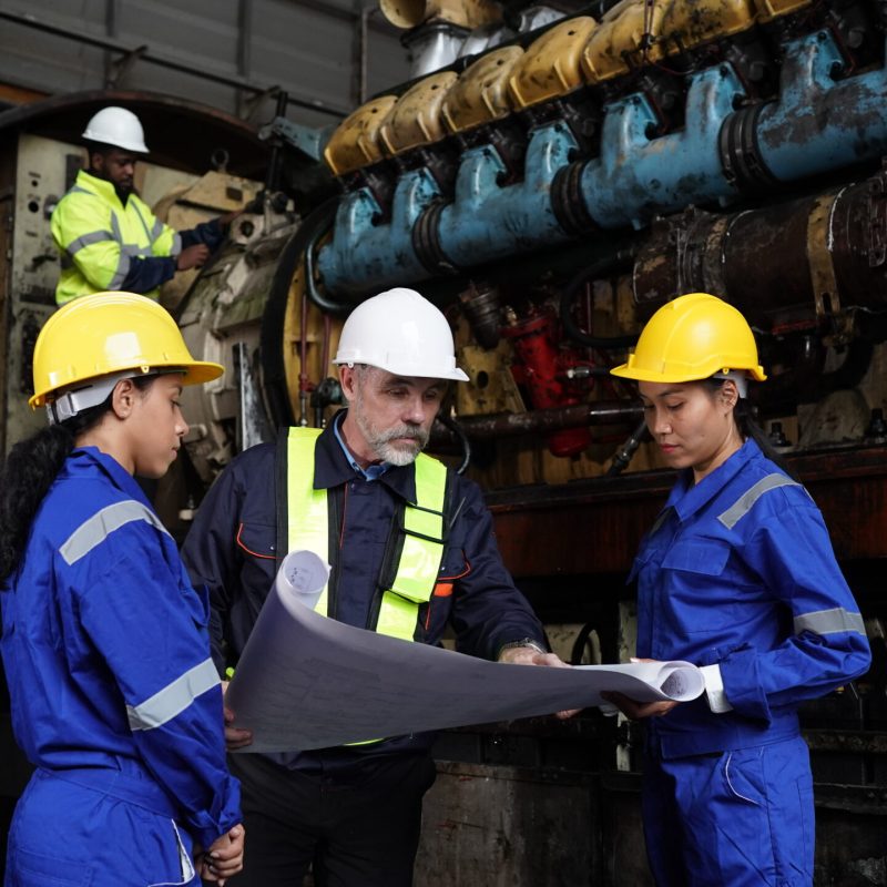 Engineers in discussion in machine maintenance in factory. Group of Industrial Engineers with Blueprint against trains and machinaries industry background.