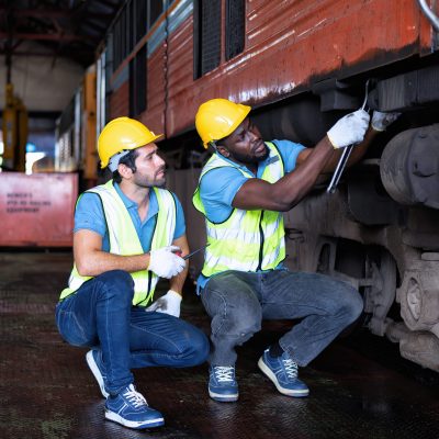 Railroad train maintenance engineer sitting inspection wheel transmission system and walkie talkie